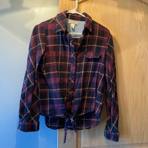 Burgundy and black plaid tie front shirt